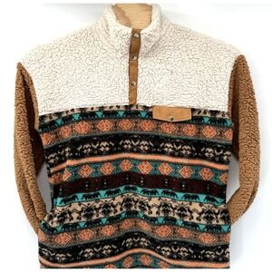 Prissy Jane Women's Southwestern Multicolor Sherpa 1/4 Button Front Jacket Large